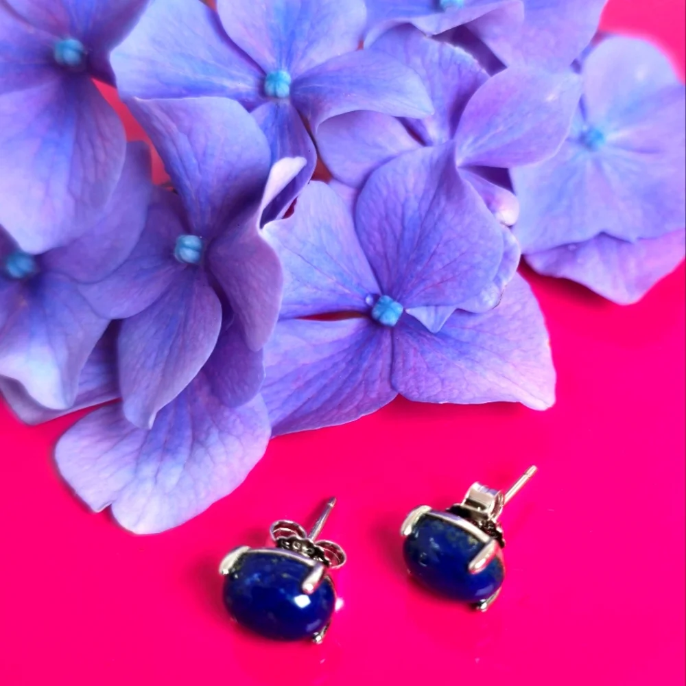 Natural Lapis Lazuli 925 Sterling Silver Stud Earrings - Picture 1 of 10